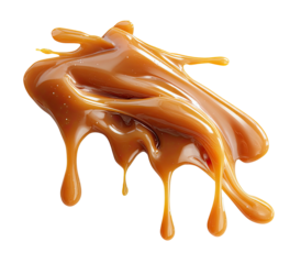 Caramel spill glossy, brown blob dripping, viscous texture