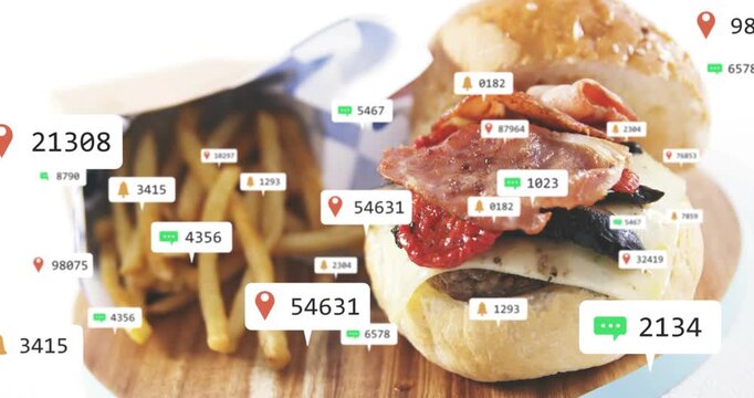 Badges appearing at frame two, growing and clustering around burger and fries showing engagement