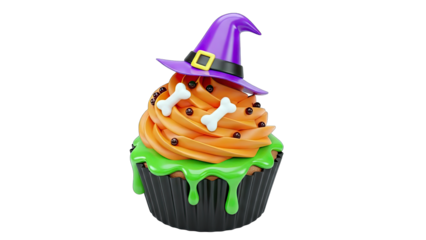 Halloween Cupcake with Witch Hat and Bone Decorations