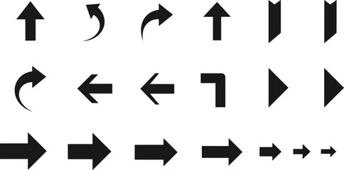 Collection of black directional arrows and pointers in various shapes and sizes on a white background