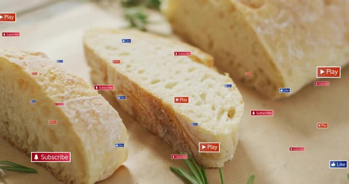 Badge appearance sending subscribe or play badges floating around two bread slices, showing buzz