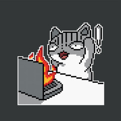 Computer problem, scared cat, pixel art illustration