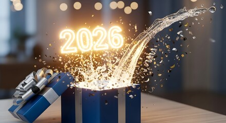 Year 2026 emerging from gift box with splashing water sparkling effect