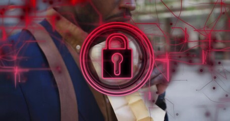 Man tapping smartphone, security padlock overlay growing and pulsing, obscuring face while eating - Powered by Adobe