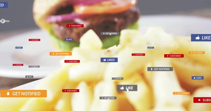 Social UI badges appearing and floating toward burger then landing on fries, simulating engagement