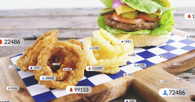 Overlay starting, badges rising and floating as cam panning right, revealing burger, showing buzz