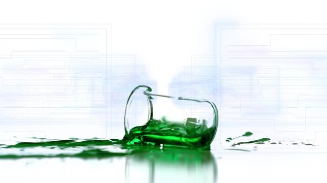 Glass entering upper-right, colliding, tipping and spilling green across mirror, creating splash