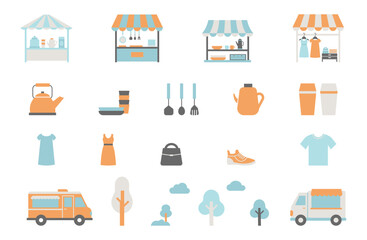フリーマーケットとフードトラックのモダンでレトロなフラットアイコンセット
