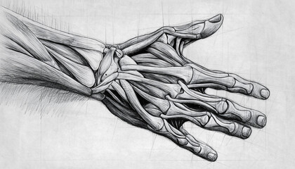 Detailed Anatomical Study of the Human Hand with Bones and Muscles Visible.