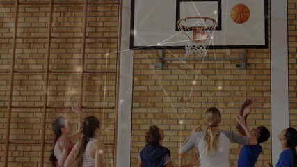 Teen girl leaping releasing ball, students jostling to score in school, animated lines tracing shot - Powered by Adobe