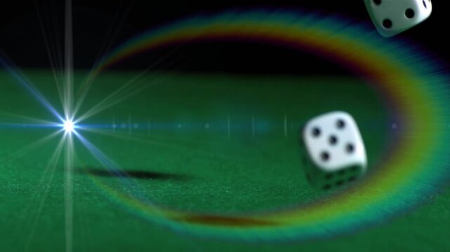 On toss, dice tumbling and rotating toward green felt, showing full arc while lens flare growing