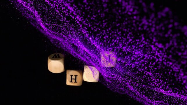 Purple particle stream sweeping across frame striking wooden letter cubes, aligning them into WHAT