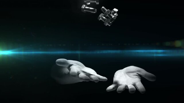 Metal fasteners levitating after teal pulse, hands opening and catching hardware showing levitation