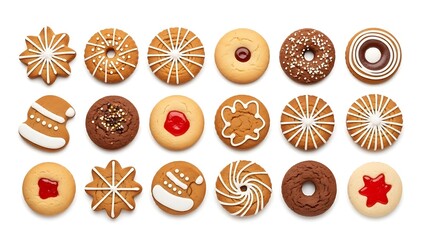 Assorted christmas gingerbread shortbread cookies with white icing chocolate jam filling holiday baking sweet treats festive dessert background