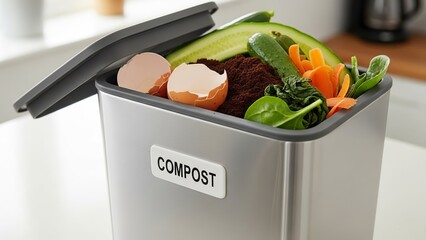Compost Bin with Vegetables and Eggshells in Kitchen