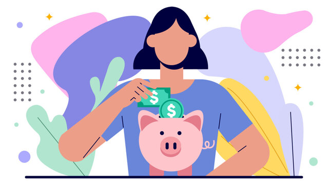 Modern Flat Illustration of a Woman Saving Money with a Piggy Bank