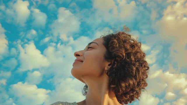 A person with a radiant smile, looking up at the sky, their head tilted back in joy and wonder.