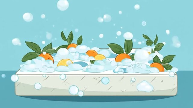A vibrant illustration of fresh oranges and mint leaves floating in a bubbly water bath, creating a refreshing atmosphere, perfect for summer beverage promotions