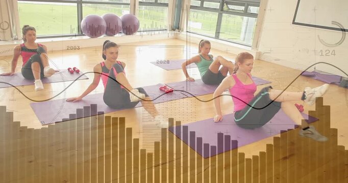 Four women doing alternating leg lifts on fitness mats following waveform overlay syncing movement