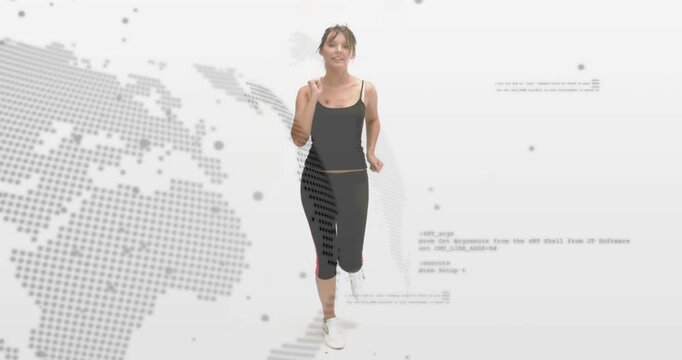 Woman starting jogging toward lens, showing fitness routine with dotted globe, code behind her