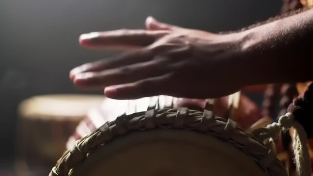 Drummers hand playing tabla drum.
