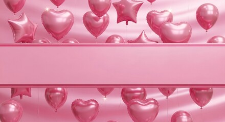 Pink balloons in heart and star shapes floating against a draped background