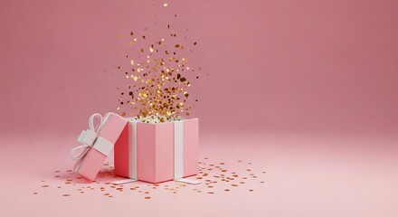 Pink gift box revealing sparkling gold confetti on a soft pink background