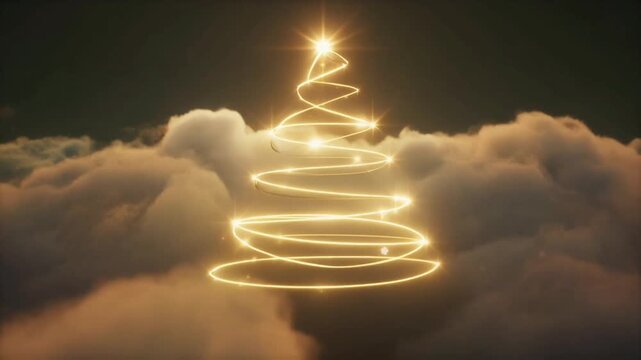 Minimal glowing Christmas tree outline made of light, floating on clouds with a dreamy holiday background.