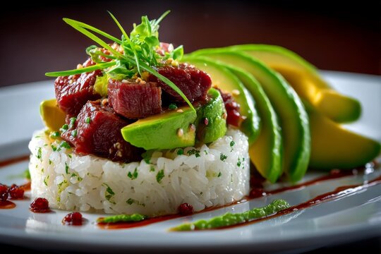 A close-up of a haute cuisine rice and beef dish, accompanied by fresh avocado slices on the side - Powered by Adobe