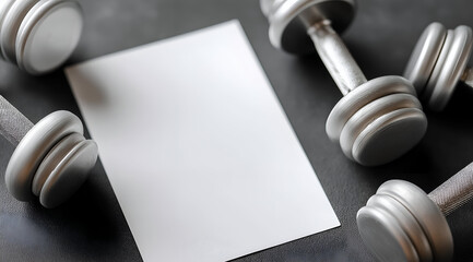 A fitness scene featuring dumbbells arranged around a blank sheet of paper, perfect for workout planning or exercise notes.
