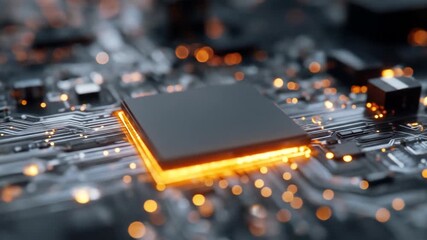 Close-up view of a modern microprocessor on a circuit board, showcasing intricate connections and glowing elements, set against a blurred technological background