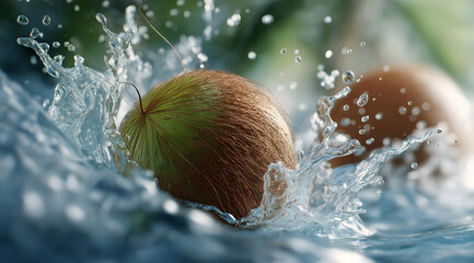 A freshly dropped coconut splashes into the clear blue water, showcasing its natural beauty and tropical essence.