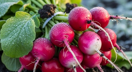Freshly Harvested Radishes with Dew Drops and Green Leaves.