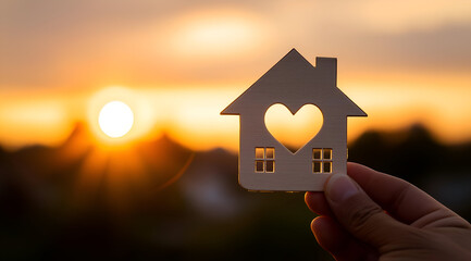 A hand holding a paper house with a heart cutout against a beautiful sunset, symbolizing love and warmth in home life.
