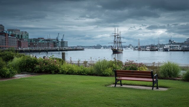 Bench in the city park at sunset with a view of the river bridge and city architecture reflecting on the water under a cloudy sky - Powered by Adobe