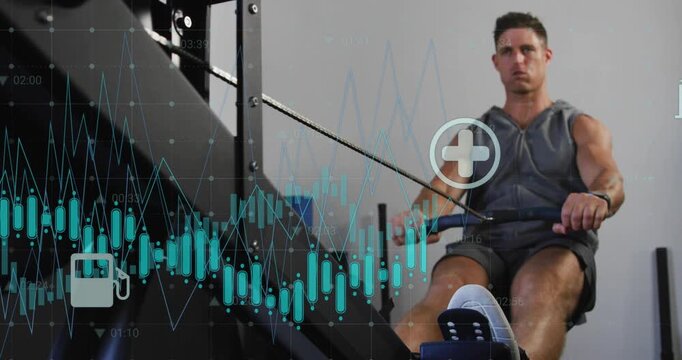 Man rowing in fitness gym, driving legs and pulling handle, activating teal charts for tracking