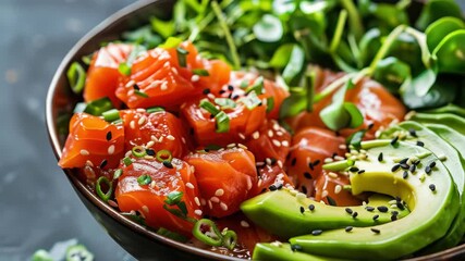 The sushi dish is garnished with sesame seeds, seaweed salad, and pickled ginger.