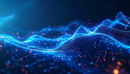 深い青の背景上に、金融アルゴリズムを連想させる層状の発光ラインと幾何パターンが重なり合い、AIの動的なデータフローが抽象的に可視化された未来的テックビジュアル。繊細な粒子が高精度テクノロジー感を演出し、クリーンでビジネス向けの印象を形成。
