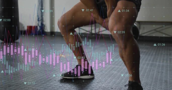 Male stepping gripping kettlebell and swinging building fitness as bar or line graphs overlaying tor
