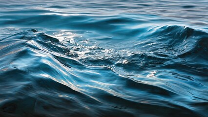 Deep blue ocean waves create an abstract liquid texture across the clear surface of the sea as natural ripples and aqua patterns reflect the summer light on the wet river water