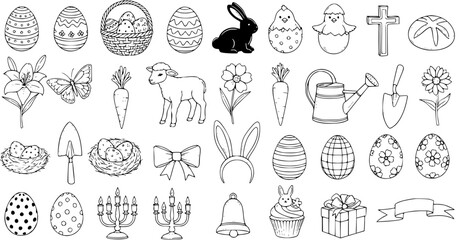 Detailed Easter and Spring hand-drawn doodle outline illustrations set with eggs, bunny, lamb, flowers, garden tools, and religious symbols for holiday designs. © victoria
