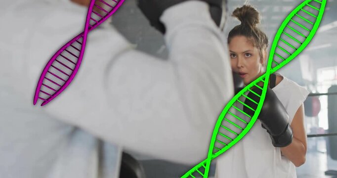 Coach holding mitts cueing boxer moving and throwing combo in training ring, DNA art showing timing