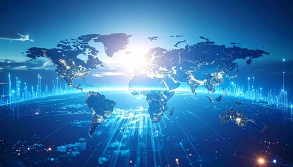 青い背景の上に世界地図が広がり、その上を金融ネットワークの光ラインが走る未来的な構図。AIが国際経済データを解析しているイメージをホログラムで表現し、複雑な金融アルゴリズムを示唆するデジタルパターンや光粒子が高精細に描写される。