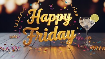 Gold 'Happy Friday' sign with cocktail on a wooden table amidst colorful confetti and streamers.