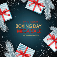Boxing Day Sale Banner with Snowflakes and White Gift Packages