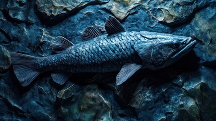 Coelacanth, its ancient scales like plates of weathered, dark bronze, fins tipped with faint blue light, surreal living fossil texture, mysterious deep-sea vent lighting