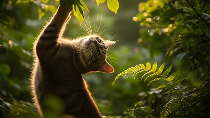 A curious tabby cat reaching up to touch leaves in a lush green forest with warm sunlight.