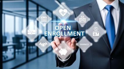 A businessmans hand interacts with a glowing virtual display showing OPEN ENROLLMENT at its center. Surrounding icons represent health, calendar, hospital, savings, and finance, symbolizing the