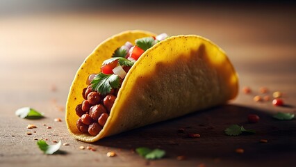 Delicious tacos with beans, tomatoes, and herbs on a wooden table