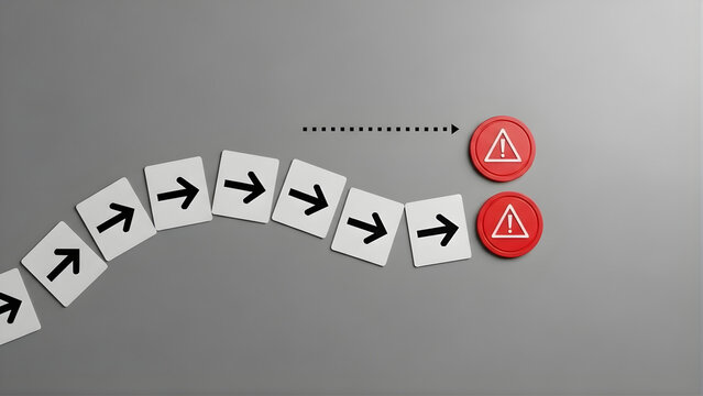 Arrows changing direction and hitting a warning sign, signifying a change in direction and potential danger